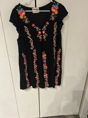 Black Embroidered Floral Women's Mini Dress
